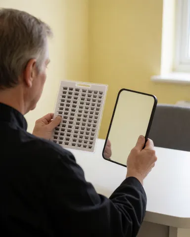 Une technicienne des cils postiches tient un miroir et une carte de cils dans un salon aux murs jaunes, dans un cadre professionnel avec une lumière naturelle.