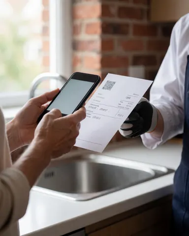 Une cliente utilise son téléphone pour scanner un code qr sur une facture dans une cuisine. Un technicien en gant est visible près d'un mur en briques avec une lumière naturelle.