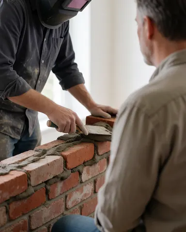 Un maçon travaille sur un mur de briques pendant qu'un client observe attentivement le processus de construction en cours.