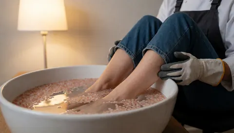 Des pieds dans un bain de sel pendant qu'une professionnelle applique un traitement, dans un environnement relaxant avec une lumière chaude.