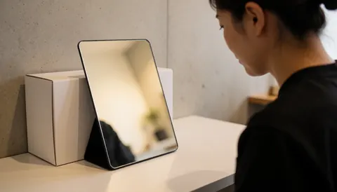Miroir de poche reposant sur une boîte blanche, mur de béton, éclairage chaleureux, profil sans visage identifiable, studio de microblading.