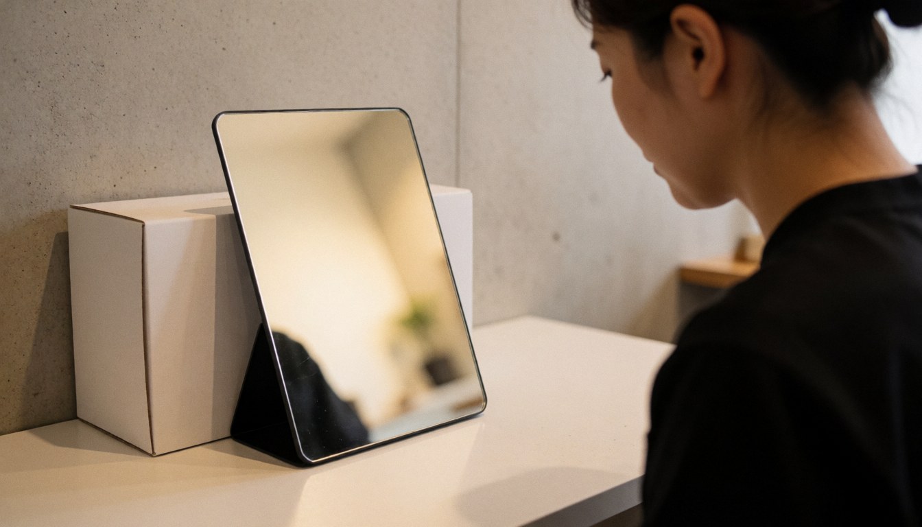 Miroir de poche reposant sur une boîte blanche, mur de béton, éclairage chaleureux, profil sans visage identifiable, studio de microblading.