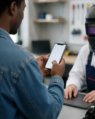 Une cliente vérifie son téléphone portable dans un atelier de réparation. Un professionnel avec un casque de soudeur et des outils accrochés au mur sur un fond de béton.