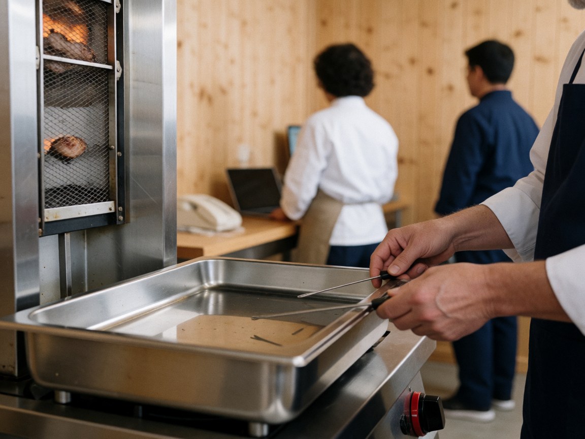 Détail des mains ajustant un plateau métallique sous un rôtissoir dans une cuisine professionnelle propre et ordonnée avec des murs en bois.