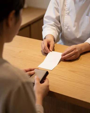 Une cliente paie avec son portefeuille à la réception d'un centre de shiatsu. Un professionnel tient un reçu blanc. L'espace est en bois clair avec une lumière chaleureuse.
