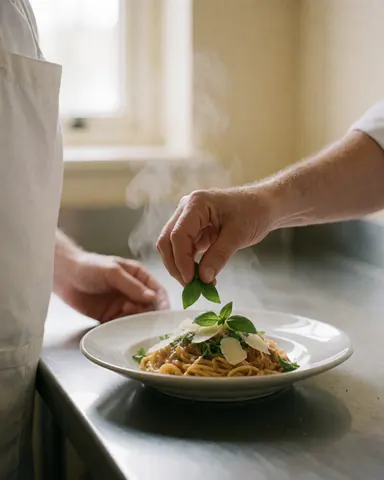 Un chef dépose de la basilica fraîche sur des pâtes avec sauce et parmesan dans une assiette blanche, avec de la vapeur s'élevant, dans une cuisine professionnelle.