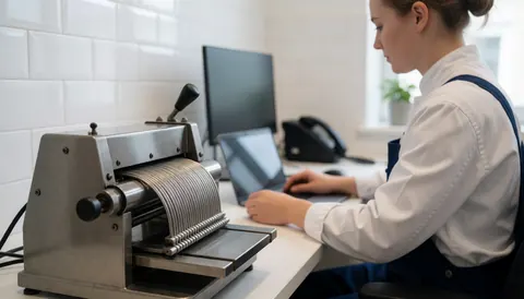 Machine de reliure métallique dans un bureau moderne avec une personne travaillant sur un ordinateur portable et des murs carrelés blancs.