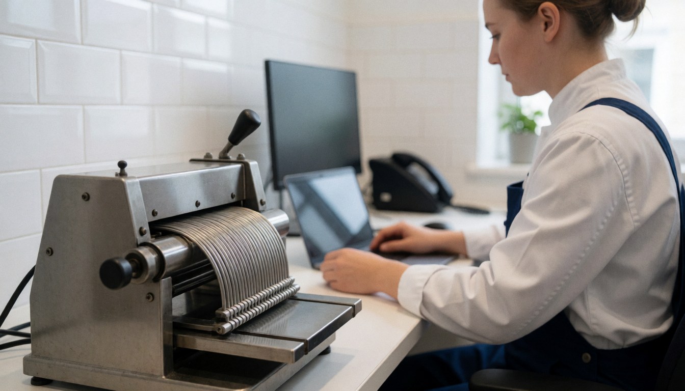 Machine de reliure métallique dans un bureau moderne avec une personne travaillant sur un ordinateur portable et des murs carrelés blancs.
