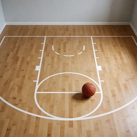 Ballon de basket sur sol en bois avec lignes de jeu et murs gris, idéal pour entraînement.