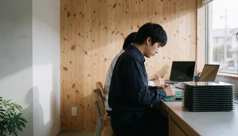 Technicien travaillant sur la réparation de téléphones avec des écrans LCD empilés dans un bureau en bois clair éclairé par la lumière naturelle.