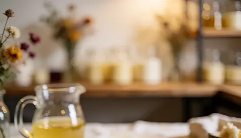 Jarre remplie de cire fondue au premier plan avec un arrière-plan flou de bouteilles et de fleurs séchées, idéal pour un atelier d'artisanat.