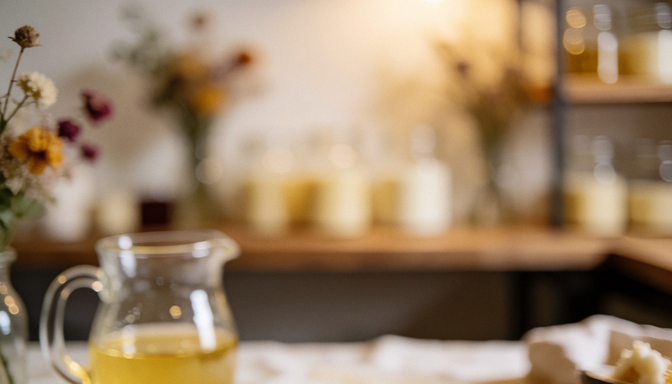 Jarre remplie de cire fondue au premier plan avec un arrière-plan flou de bouteilles et de fleurs séchées, idéal pour un atelier d'artisanat.