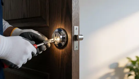 Un serrurier en gants ajuste un cylindre de sécurité sur une porte en bois foncé, avec un mur blanc visible sur le côté droit.
