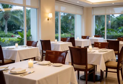 Salle de restaurant élégante avec tables nappées de blanc, bougies allumées, chaises en bois et vue sur un jardin tropical.