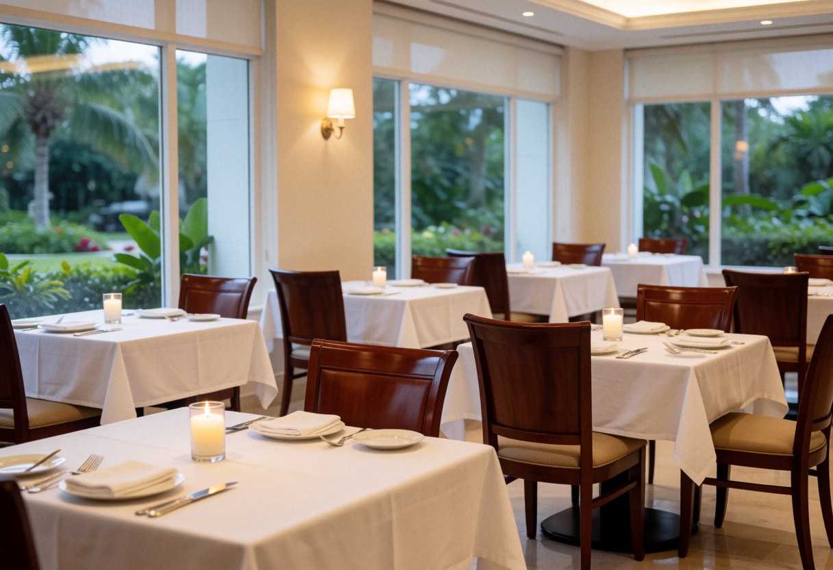 Salle de restaurant élégante avec tables nappées de blanc, bougies allumées, chaises en bois et vue sur un jardin tropical.