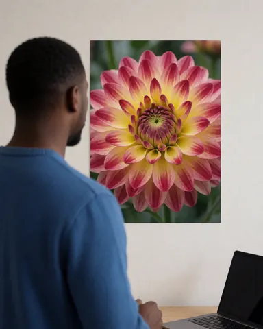 Un client regarde une affiche florale vibrante dans un bureau moderne avec un ordinateur portable sur le bureau.