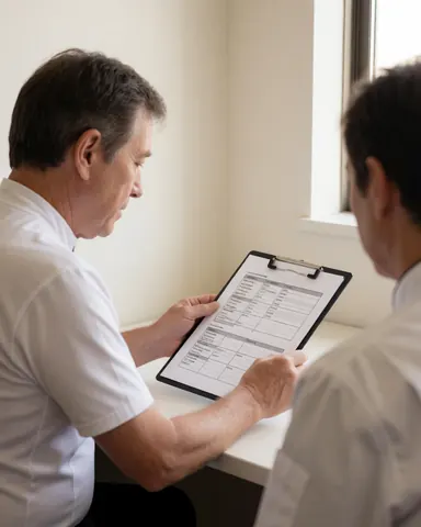 Un entraîneur de cyclisme examine un plan d'entraînement imprimé avec un client dans un bureau lumineux.