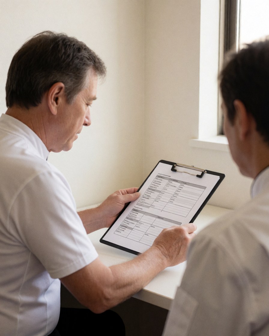 Un entraîneur de cyclisme examine un plan d'entraînement imprimé avec un client dans un bureau lumineux.