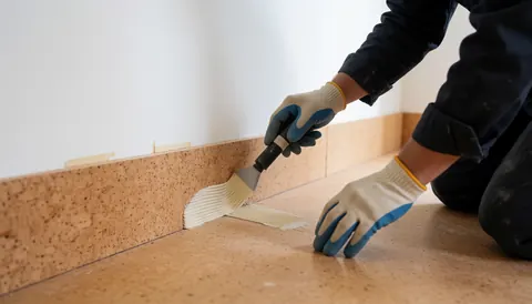 Un installateur applique de l'adhésif au pinceau sur le bord d'un sol en liège contre un mur blanc, portant des gants de protection pour un travail professionnel.