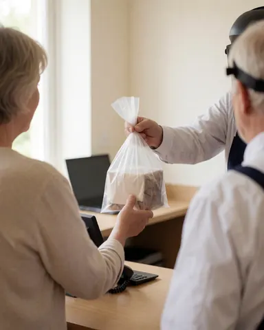 Un client reçoit un colis dans un magasin bien éclairé par la lumière naturelle, avec des tables propres et un employé portant une casquette.