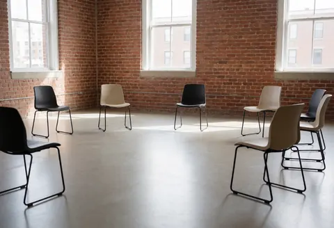 Salle de théâtre vide avec chaises en cercle, murs en briques et lumière naturelle, idéale pour répétitions et ateliers.