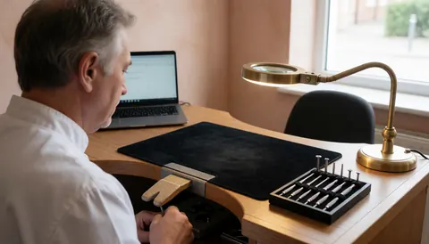 Un horloger expérimenté travaille sur sa table avec une loupe, des tournevis et un ordinateur portable dans un atelier éclairé par la lumière naturelle.