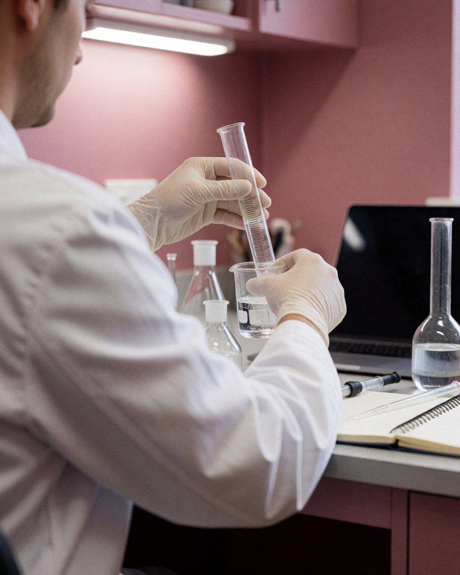 Technicien en laboratoire mesurant un liquide avec un tube gradué et un bécher, entouré d'équipement chimique sur fond rose.