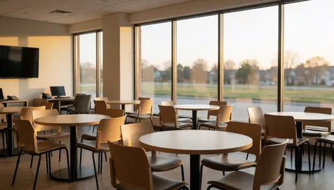 Ambiance conviviale avec des tables rondes et des chaises, de grandes fenêtres laissant entrer une lumière chaude, fond flou idéal pour un centre de loisirs.