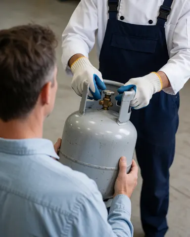 Technicien en uniforme et gants inspecte un réservoir de gaz LPG tenu par un client dans un atelier industriel.