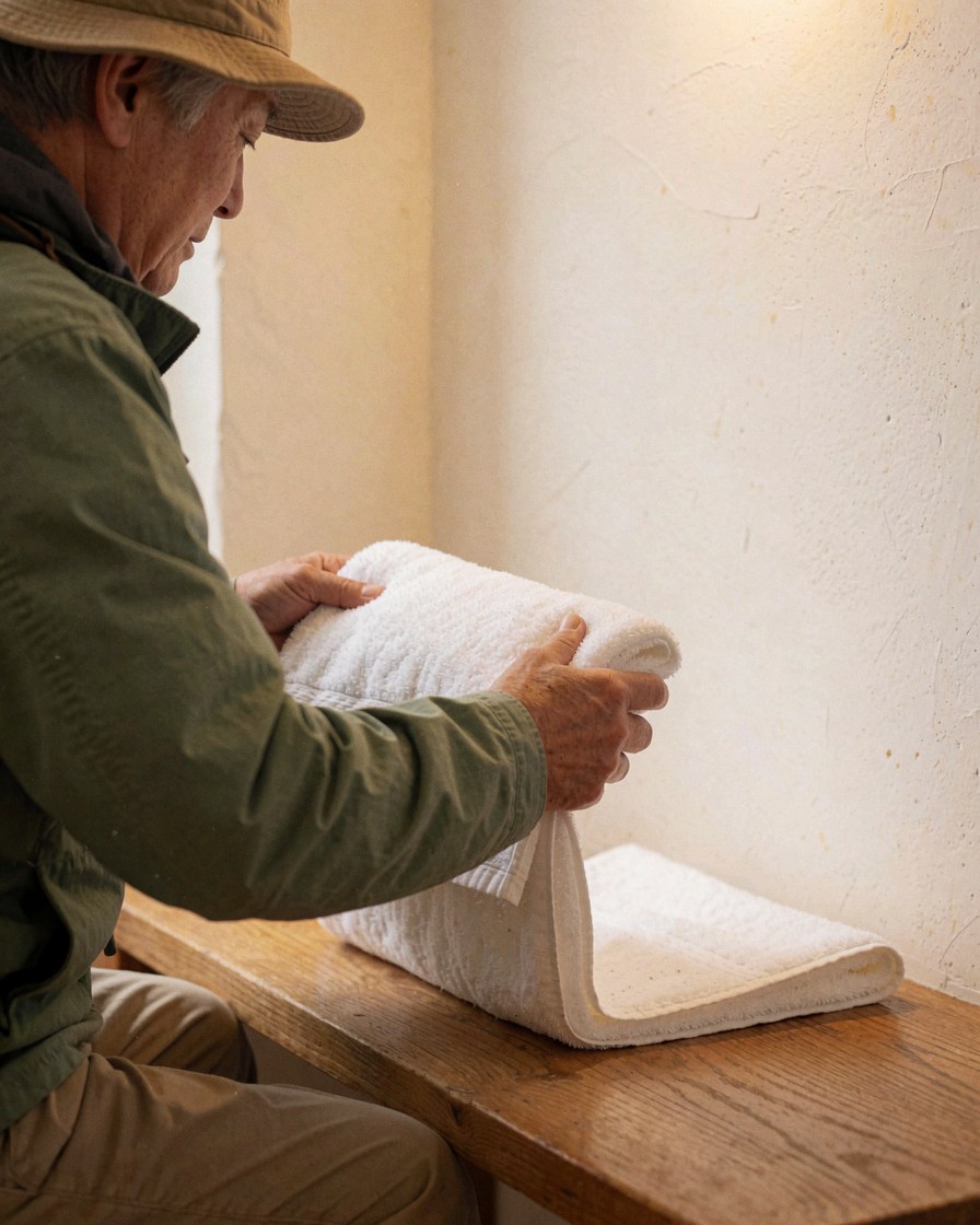 Un homme âgé plie une serviette blanche sur un banc en bois dans un refuge de montagne aux murs chaleureux et à la lumière naturelle.