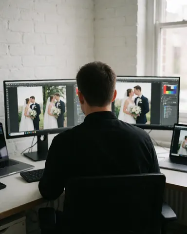 Photographe de mariage travaillant à son bureau avec des moniteurs affichant des clichés de couple, sur fond de mur de briques blanches et de lumière naturelle.