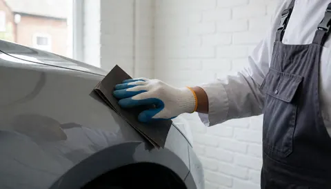 Un travailleur portant des gants ponçant l'aile avant grise d'une automobile avec du papier abrasif humide dans un atelier de réparation automobile.