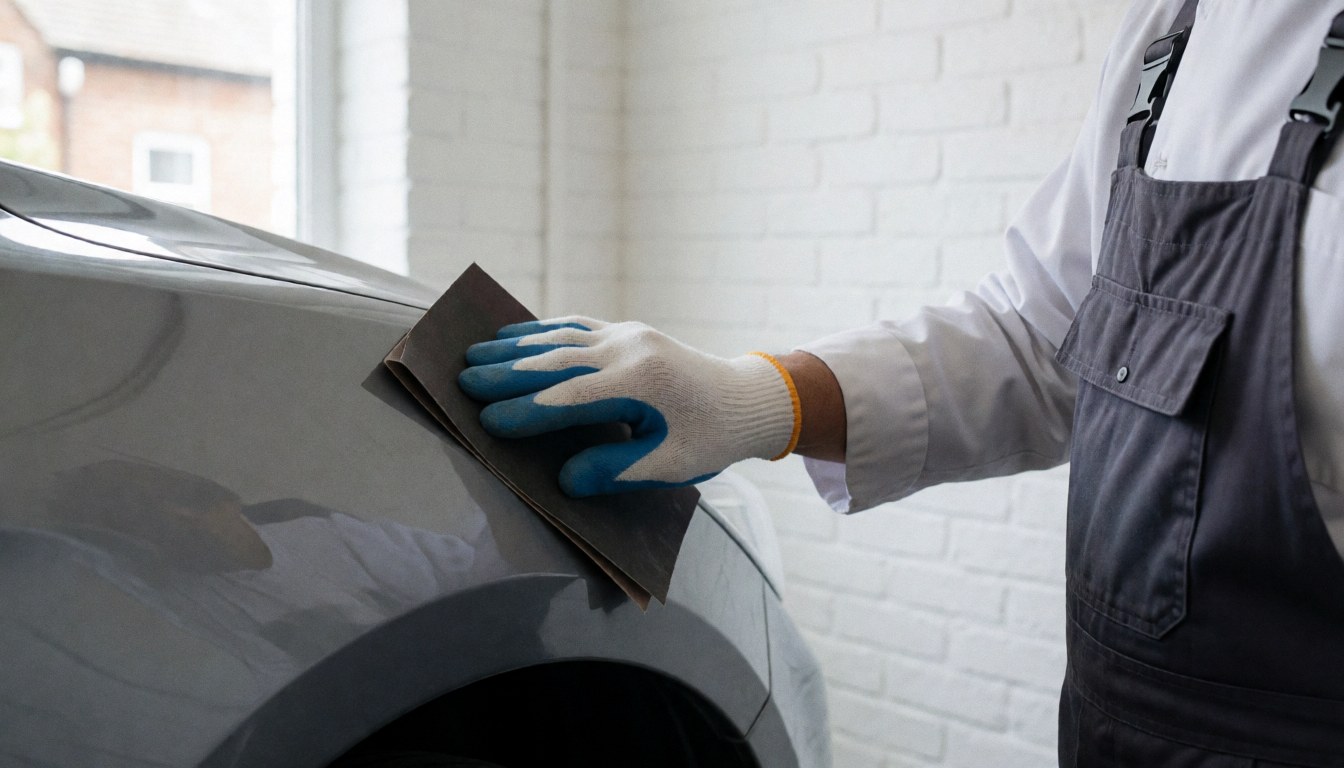 Un travailleur portant des gants ponçant l'aile avant grise d'une automobile avec du papier abrasif humide dans un atelier de réparation automobile.