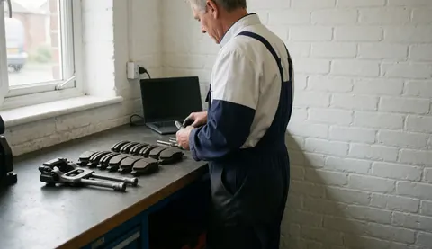 Un mécanicien automobile effectue une vérification sur des freins neufs dans un atelier avec un mur en briques blanches et une lumière naturelle.