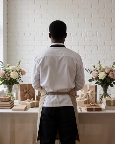 Vue arrière d'une personne admirant une table de mariage décorée avec des cadeaux, des fleurs et des livres dans un salon à mur de briques blanches.