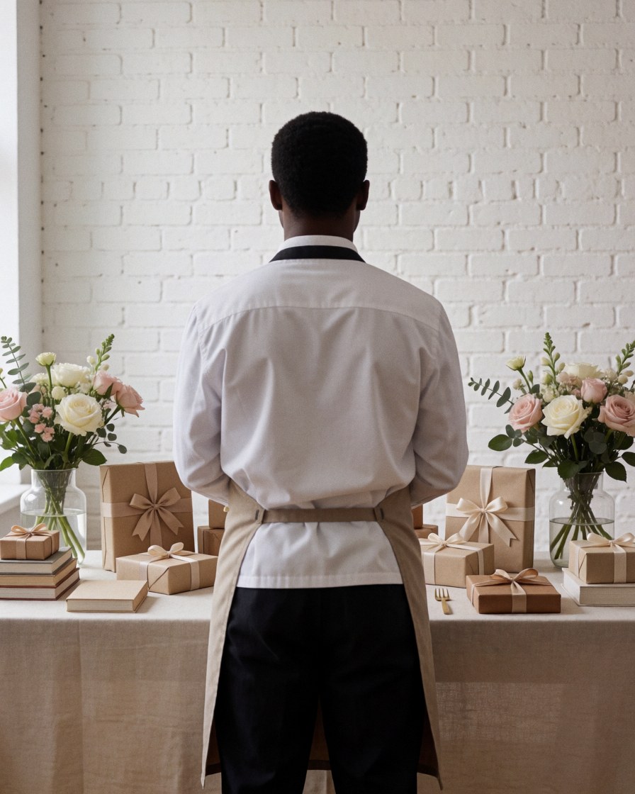 Vue arrière d'une personne admirant une table de mariage décorée avec des cadeaux, des fleurs et des livres dans un salon à mur de briques blanches.