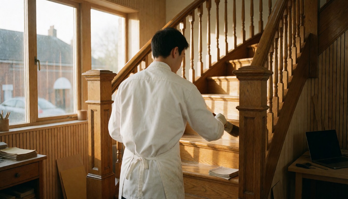 Un homme en tablier blanc applique du vernis sur une échelle en bois poli dans un atelier de restauration de meubles avec lumière naturelle.