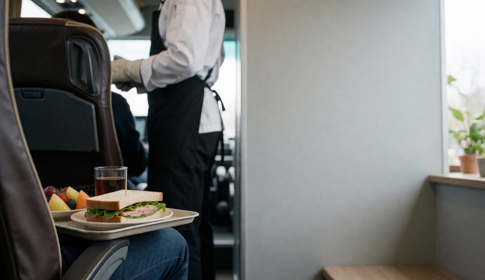 Plateau contenant sandwich, fruits frais et boisson posé sur un siège confortable d'autocar, avec personnel de service en arrière-plan.