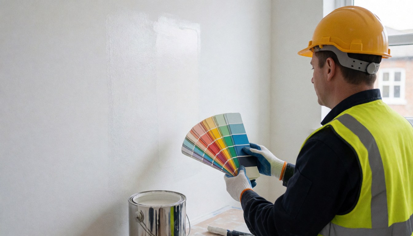 Peintre portant casque et gilet de sécurité compare des nuances sur un mur blanc fraîchement peint, une boîte de peinture posée à côté.
