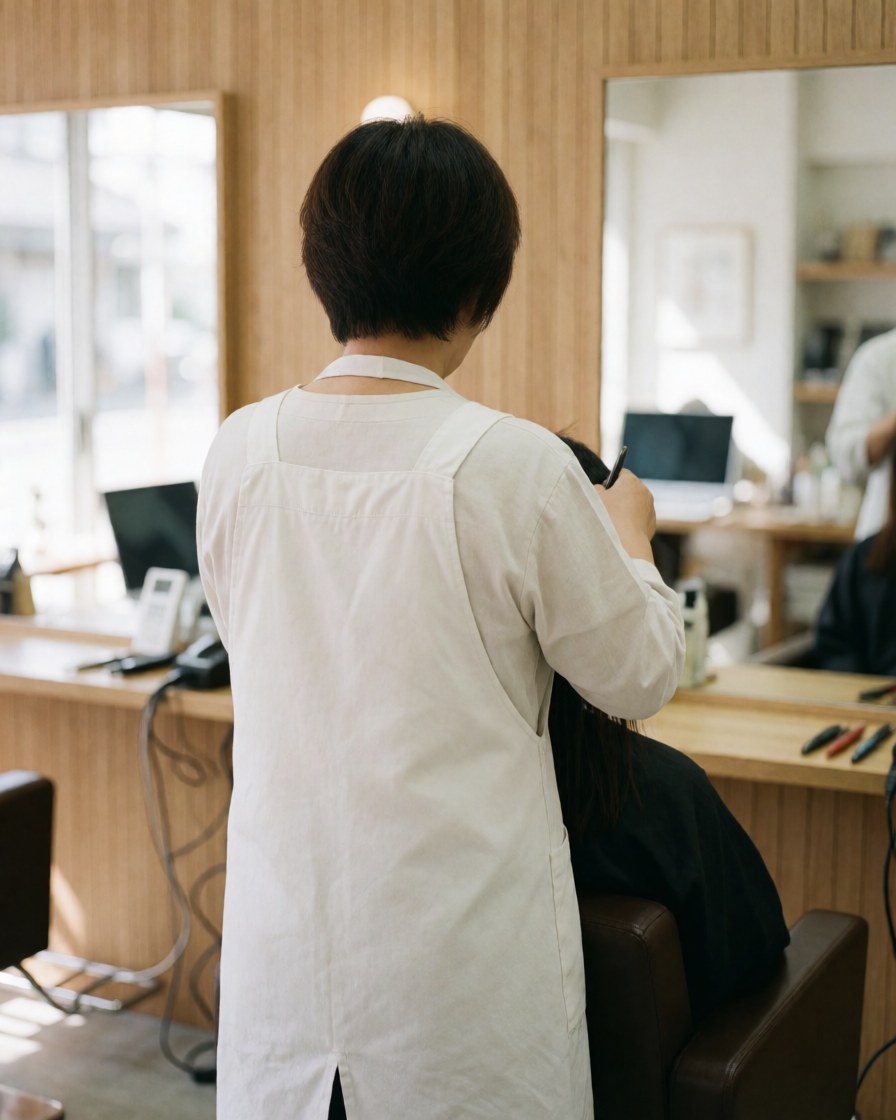 Styliste de dos travaillant dans un salon aux murs en bois avec lumière naturelle, client assis sur une chaise, scène professionnelle et épurée.