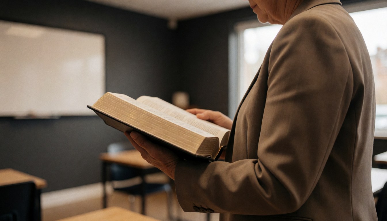 Une enseignante tient un livre ouvert dans une salle de classe aux murs gris et à la lumière naturelle, idéale pour un cours d'espagnol.