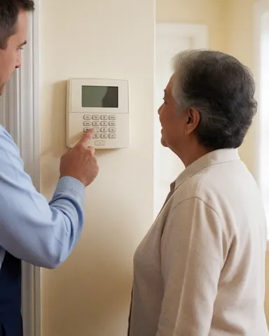 Un technicien montre à un client comment utiliser un panneau d'alarme beige dans un couloir avec un mur crème, une illumination naturelle et une ambiance tranquille.