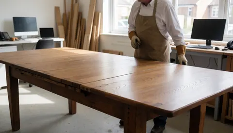 Un homme avec des gants inspecte une table en bois ancien restaurée dans un atelier bien éclairé par la lumière naturelle.