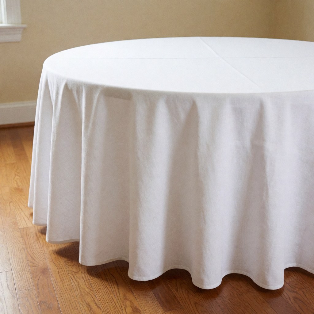 Nappe blanche élégante sur table ronde dans un espace événementiel avec sol en bois et murs neutres, idéale pour la location de mobilier.