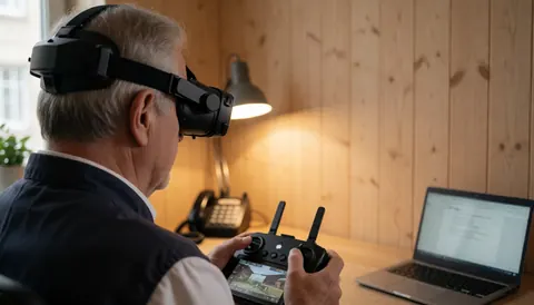 Un pilote équipé de lunettes FPV et d'une manette de contrôle de drone dans un bureau aux murs en bois, éclairé par une lampe à lumière chaude, évoquant le travail d'équipe et la technologie aérienne.