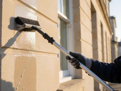 Une main portant un gant de protection utilise une raclette pour nettoyer une façade en pierre, avec de l'eau savonneuse visible sous un éclairage naturel.