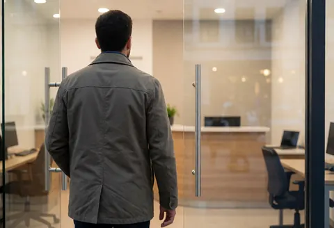 Une cliente marche vers l'intérieur d'un magasin de réparation d'ordinateurs, avec un accueil et des ordinateurs visibles en arrière-plan.