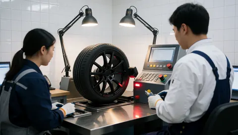 Atelier moderne de réparation de pneus avec deux techniciens travaillant sur une roue posée sur une machine de balancement numérique éclairée par des lumières de travail.