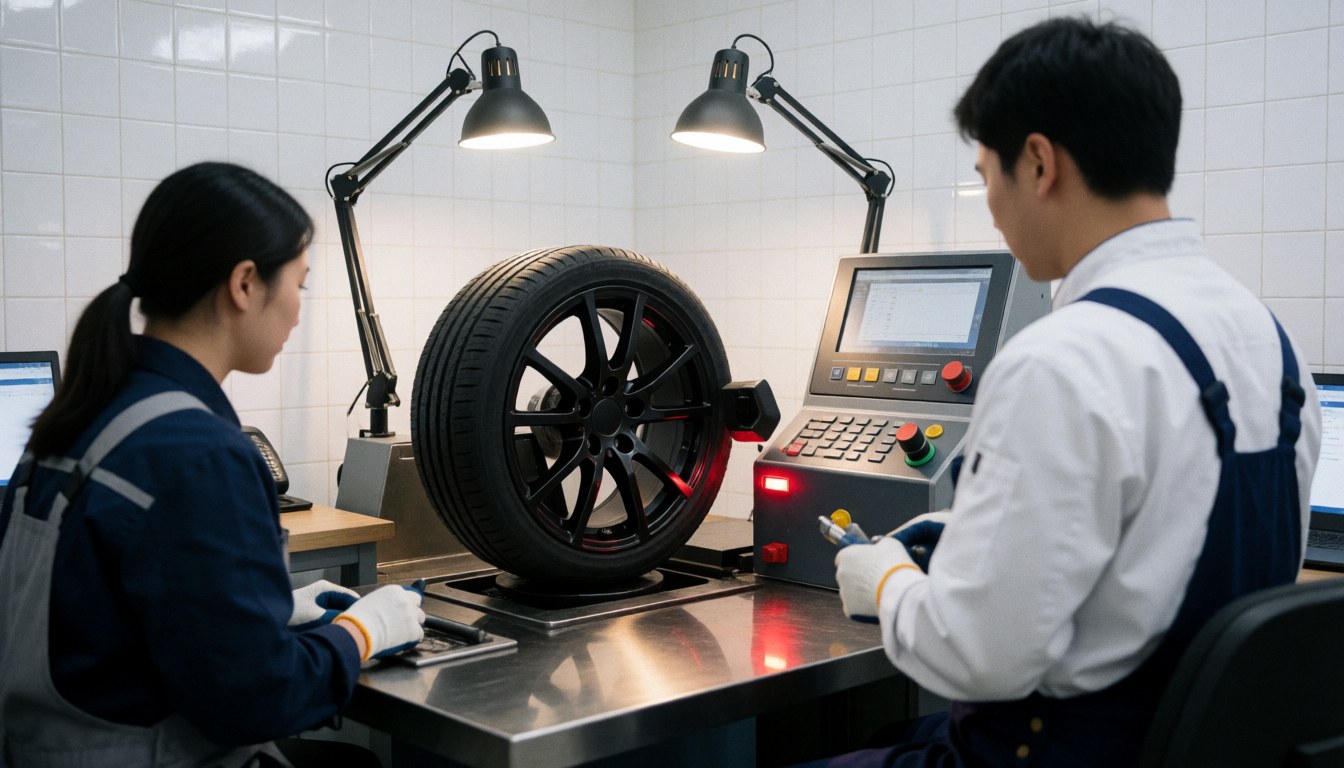 Atelier moderne de réparation de pneus avec deux techniciens travaillant sur une roue posée sur une machine de balancement numérique éclairée par des lumières de travail.