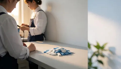 Pile de craies blanches et bleues posées sur une table de travail avec une couturière en arrière-plan flou